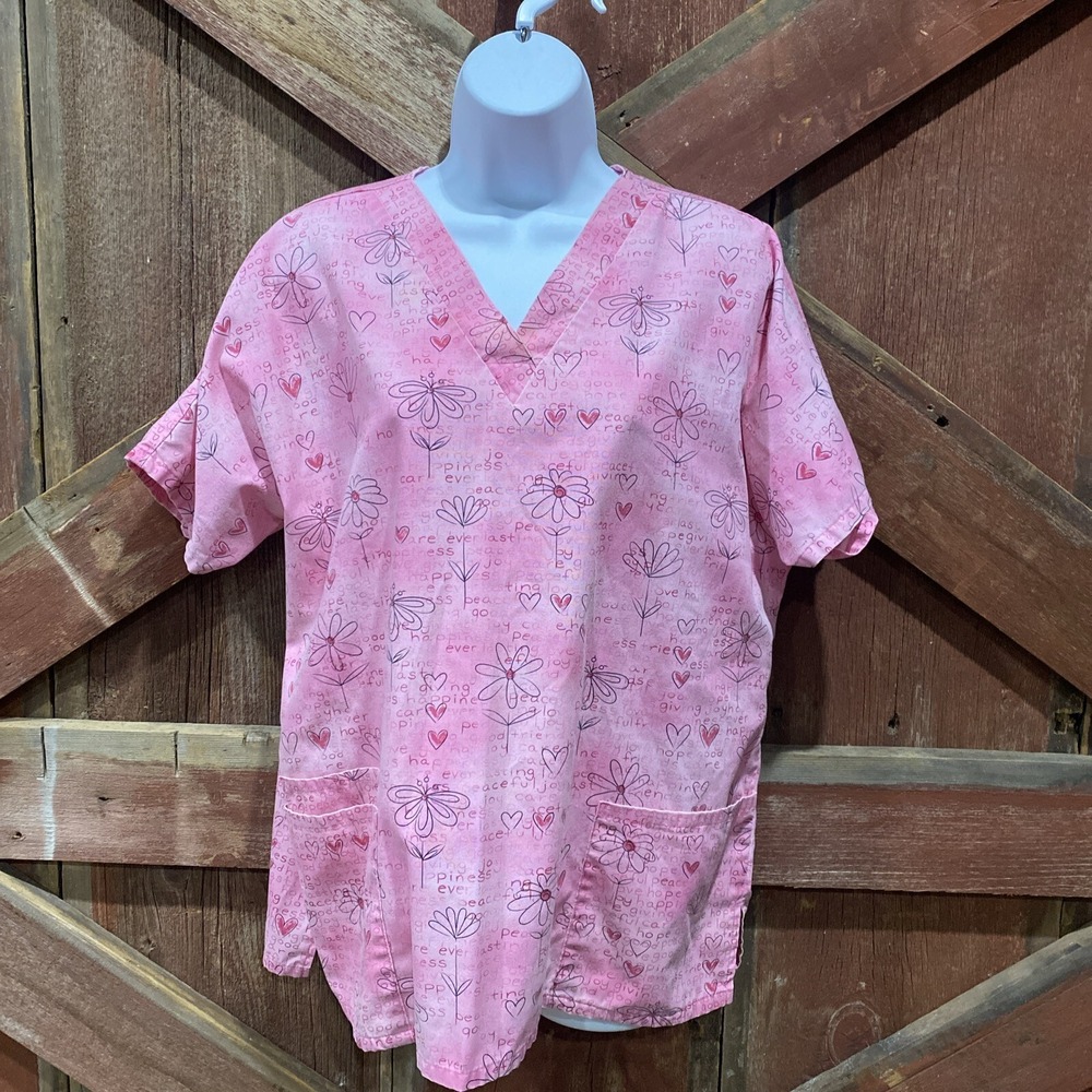 HQ Floral Scrub Medical Top Shirt Medium Pink Peace Love Care Pretty Pockets